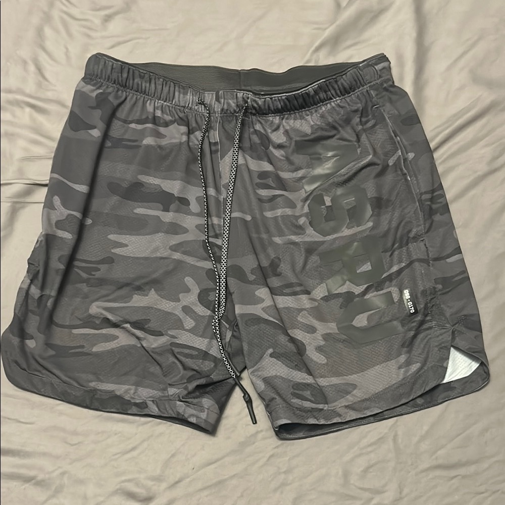ASRV Gray Athletic Shorts with Tactical Camo Design